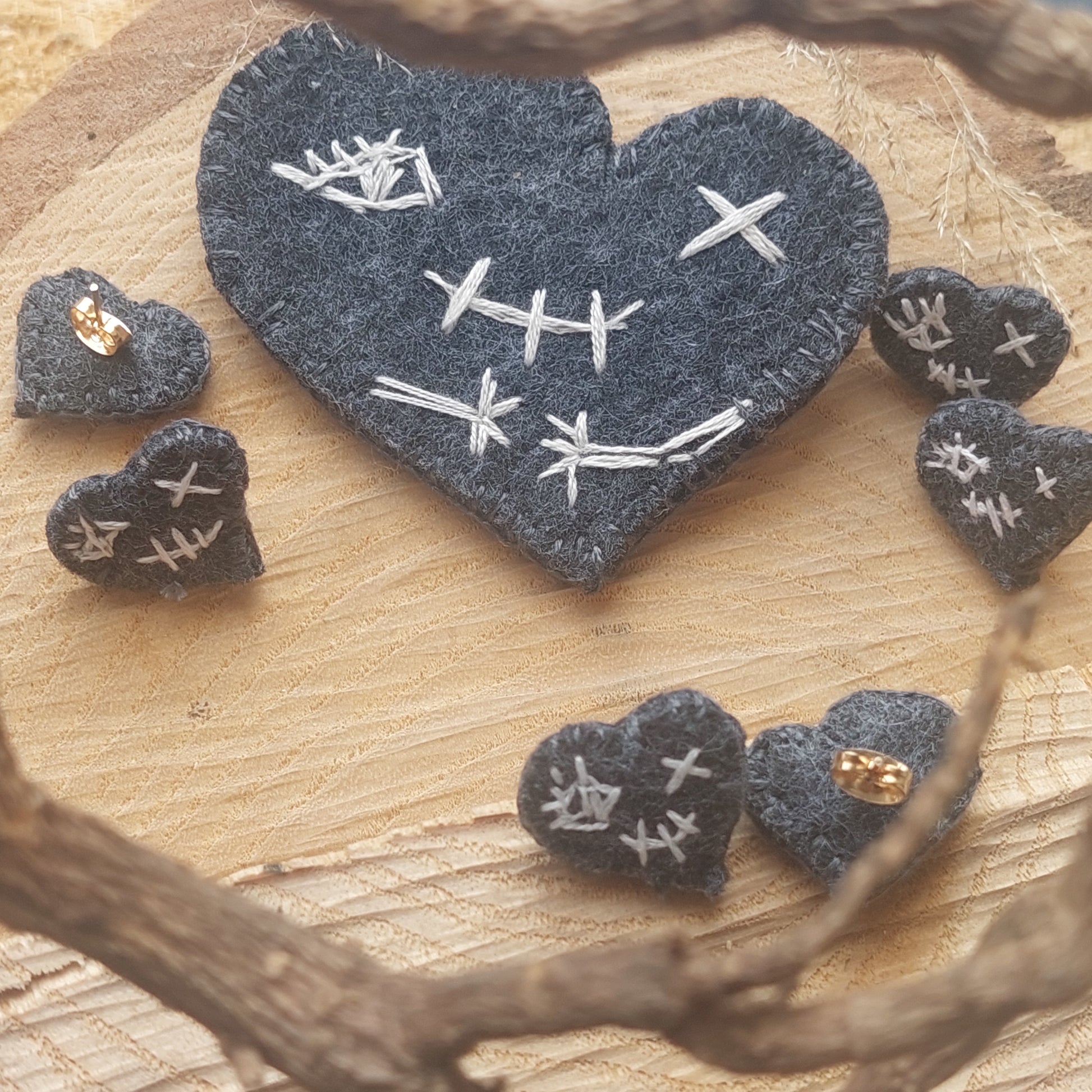 Gothic Broken Heart Stud Earrings – Minimalist Stoic Jewelry, Hand Embroidered Felt
