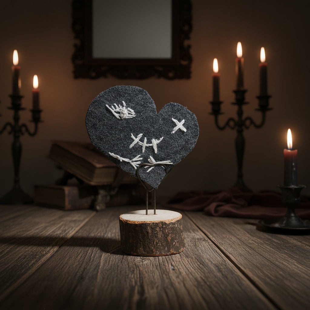 Gothic Broken Heart Desk Altar – Stoic Handmade Felt Heart Decor, Witchcore Dark Academia Gift