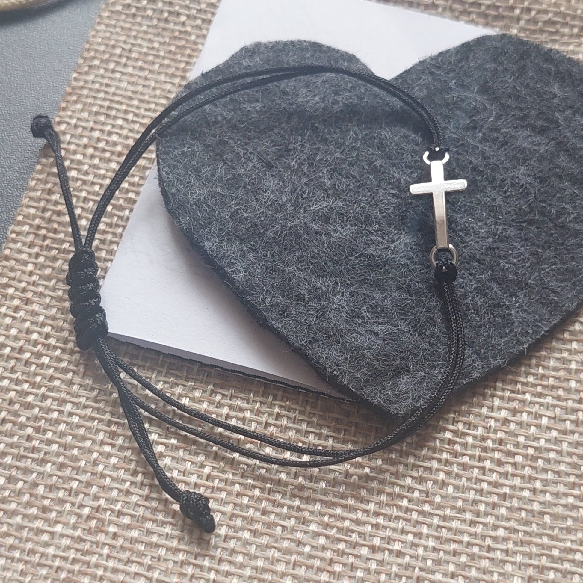Black cross bracelet gift-wrapped – handmade gothic religious jewelry, perfect for baptism or confirmation