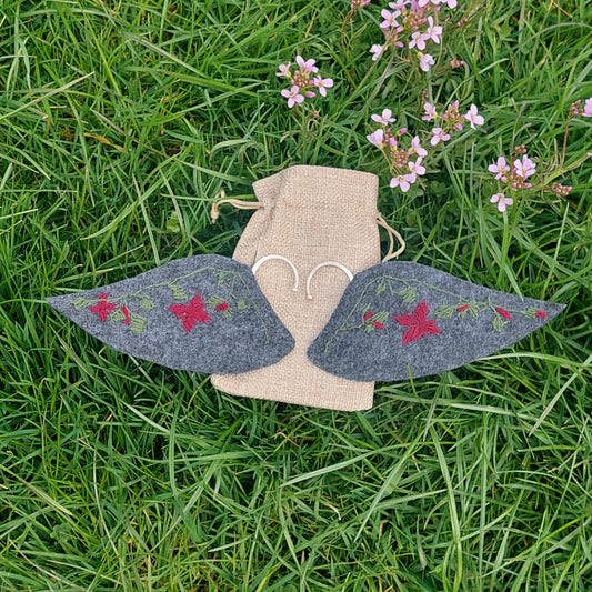 Handmade elf ear cuffs dark felt embroidery no piercing – 9cm and 12cm sizes