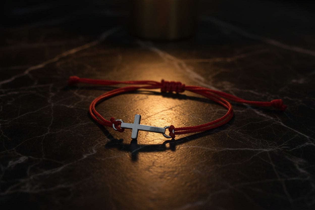 Red macrame cross bracelet gift-wrapped – handmade gothic religious jewelry, perfect for baptism or confirmation