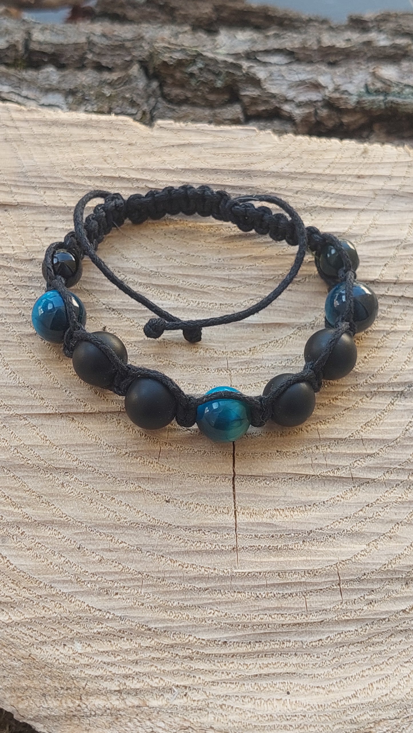 Macrame Bracelet for Men – Blue Tiger's Eye, Hematite & Black Obsidian | Handmade Talisman Gift