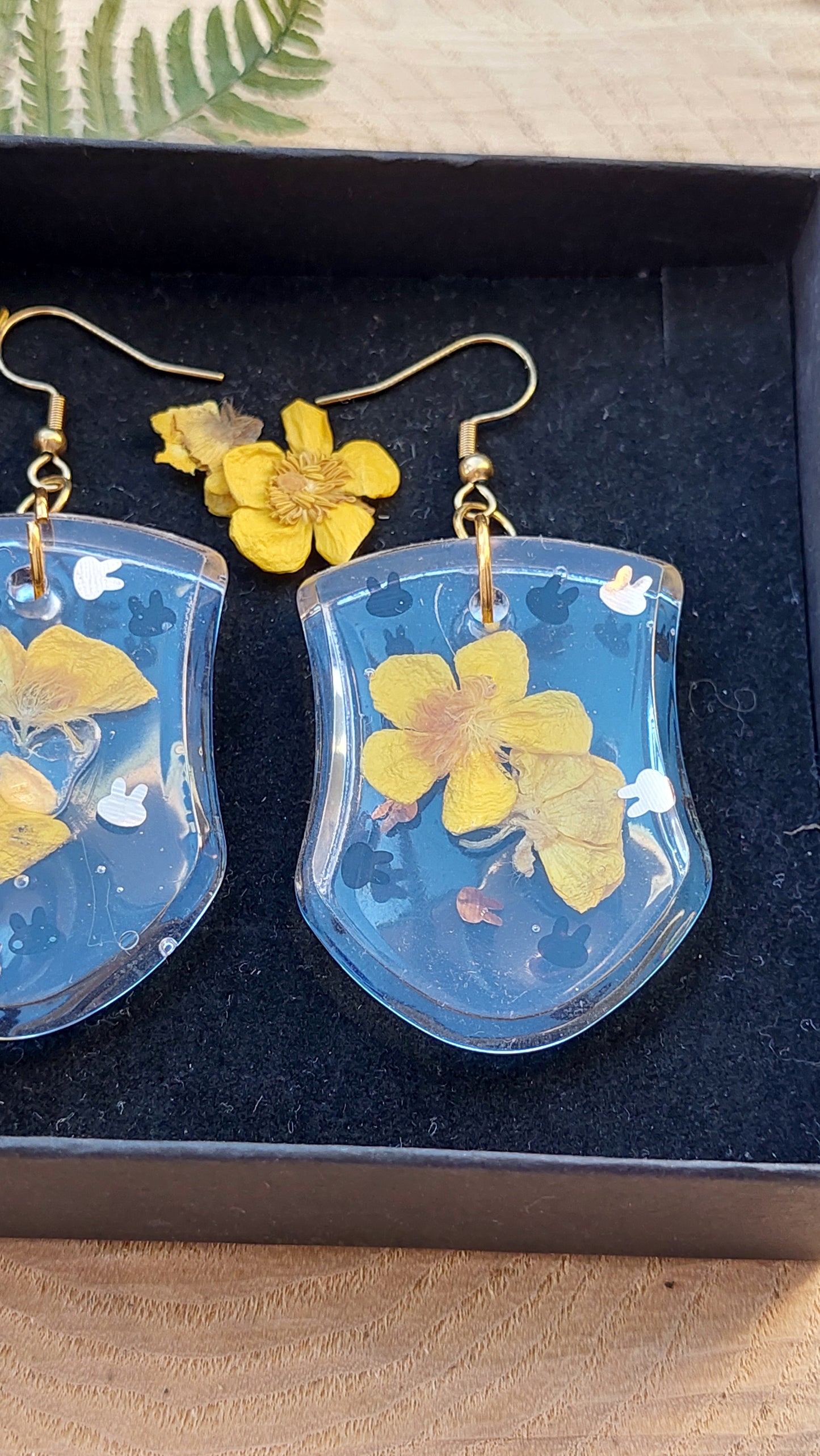 Real pressed yellow flower earrings in crystal resin, lightweight botanical statement jewelry