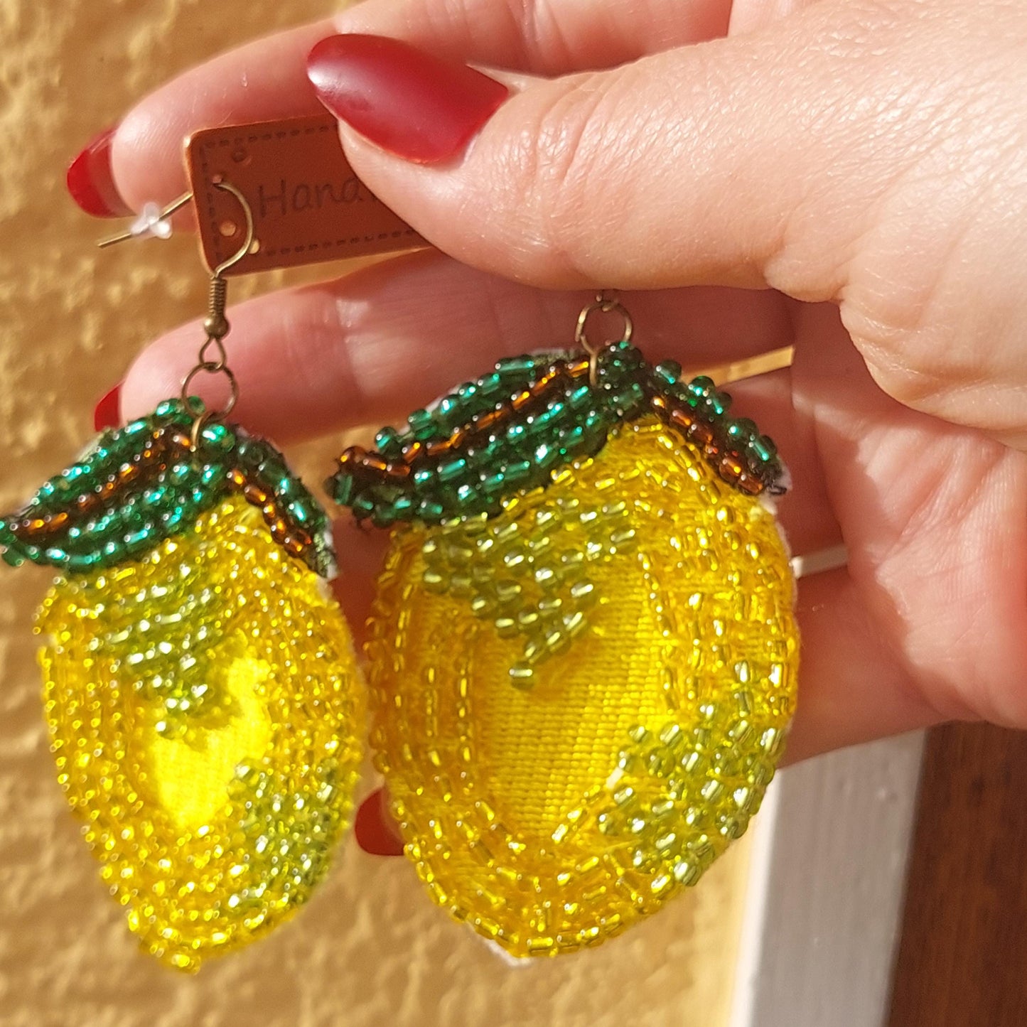Hand-Embroidered Lemon Earrings with Beads - Unique Statement Jewelry Gift
