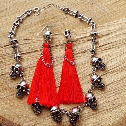 Gothic Skeleton Bride Jewelry Set - Skull Choker Necklace & Earrings Silver