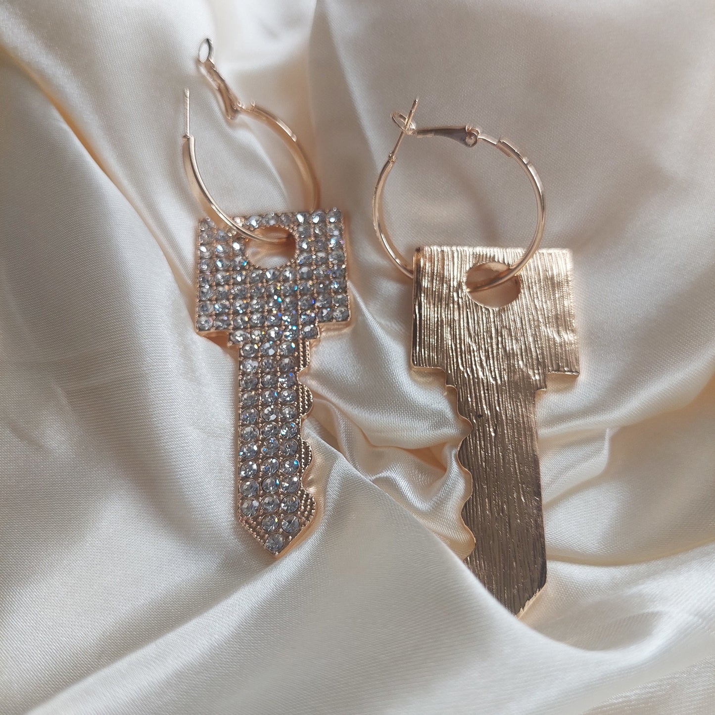 Glamorous Gold Key Earrings with Rhinestones – Statement Dangle Jewelry – Personalized Gift for Her