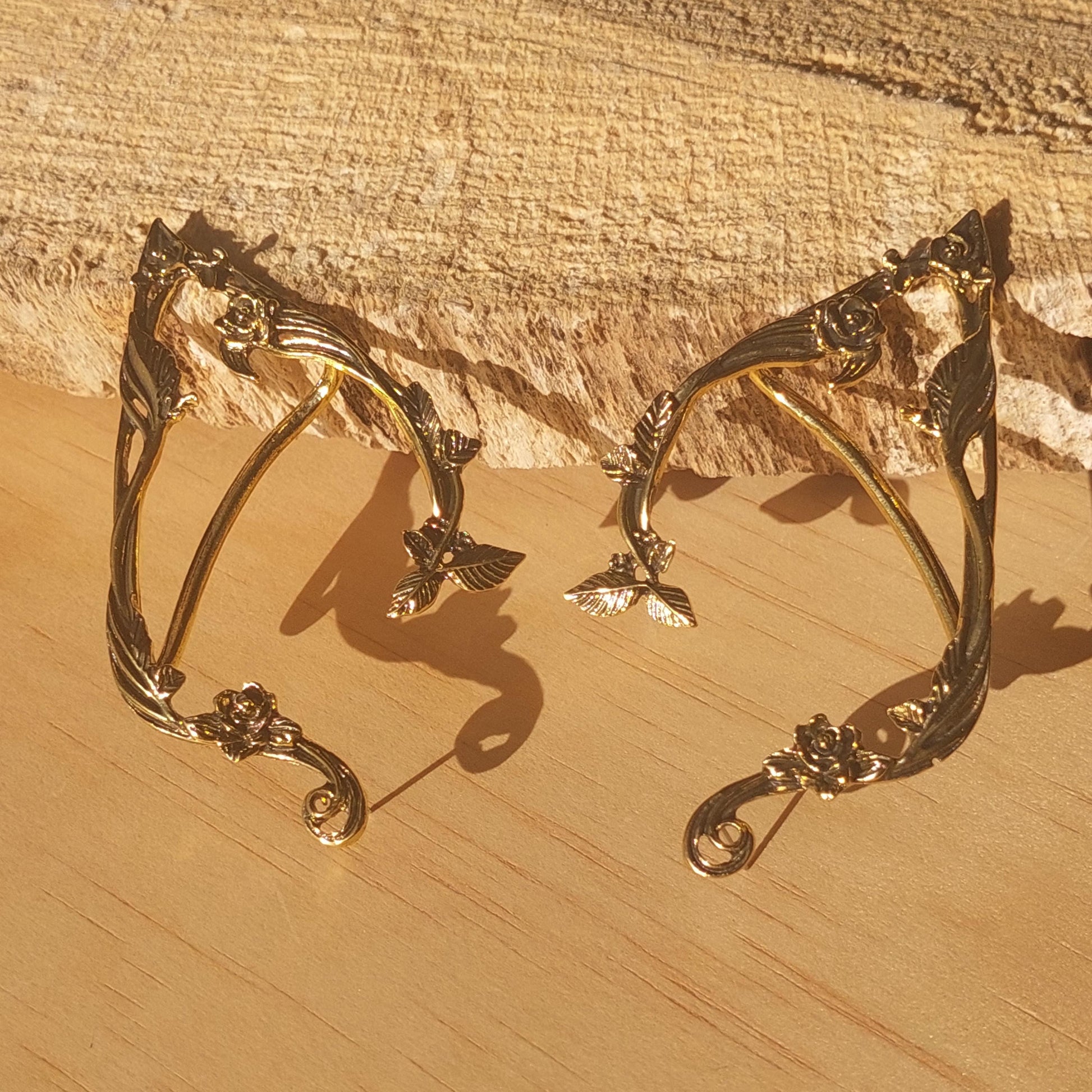 Elven Set – Enchanting Elven Rose Flower Crown, Exquisite Golden Elven Ear Cuffs
