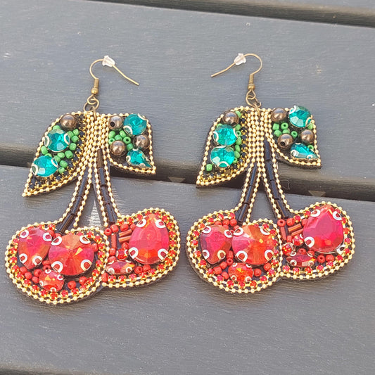 Statement Cherry Crystal Earrings - Handmade Cosplay & Carnival Jewelry - Unique Gift