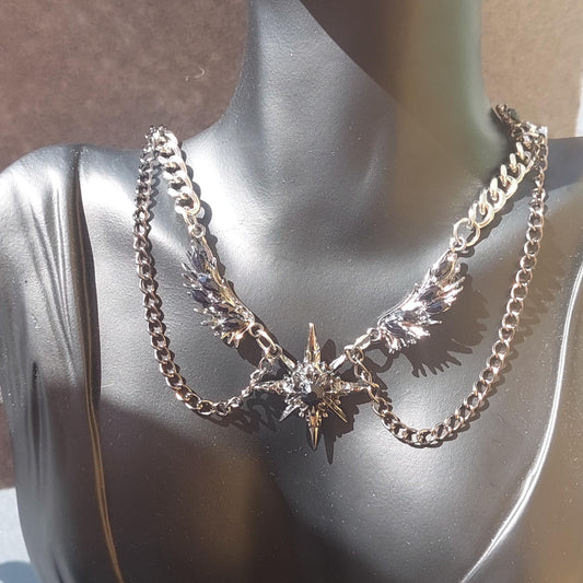 Elegant Gothic Silver Chain Necklace: Black Rhinestone Stars & Wings - Unique Dark Jewelry