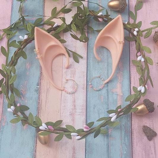 Silikon-Elfenohren + Ohrringe + Elfenkranz: Fantasy-Ohrmanschetten, magisches Cosplay- &amp; LARP-Abenteuer-Set