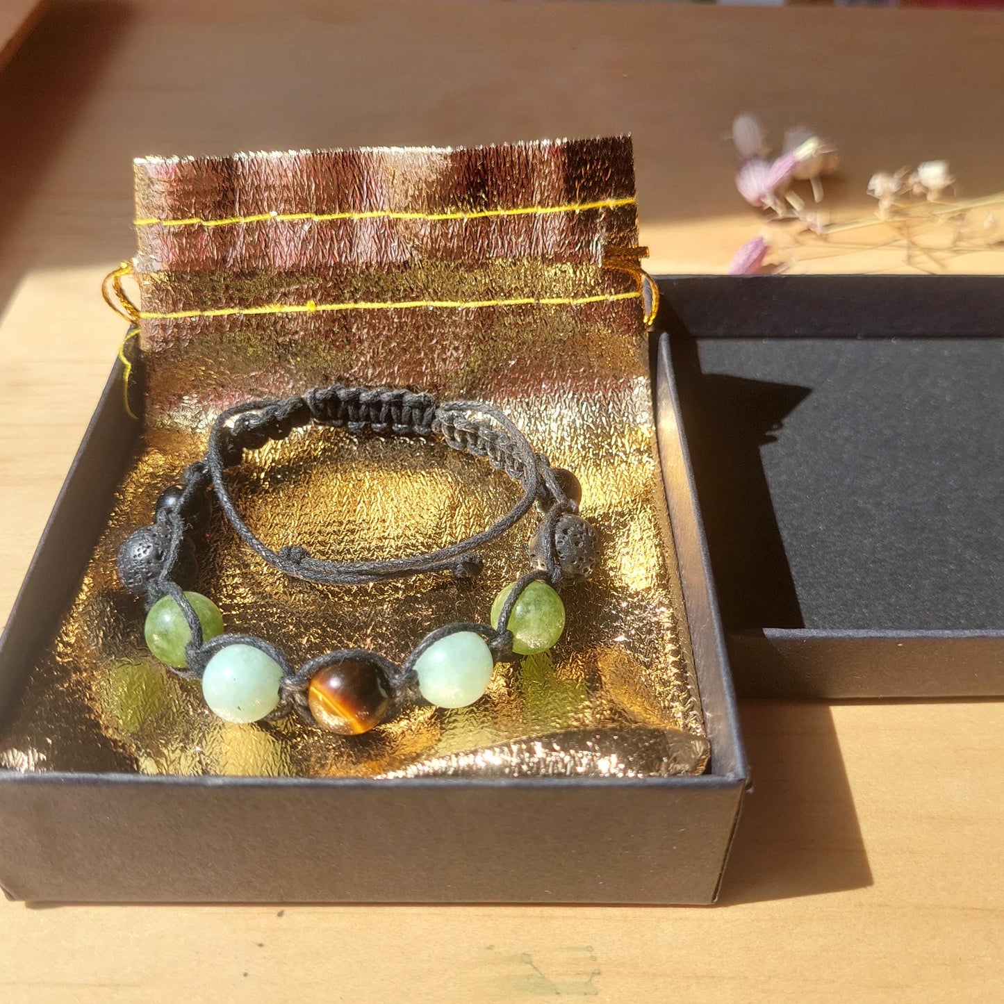 Gemstone Macrame Bracelet: Unisex Adjustable Bracelet Tiger's Eye, Peridot, Chrysoprase, Lava, Obsidian