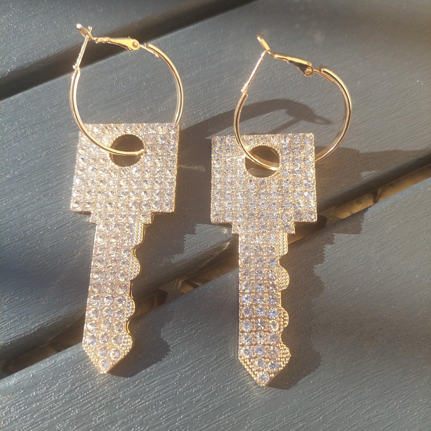 Glamorous Gold Key Earrings with Rhinestones – Statement Dangle Jewelry – Personalized Gift for Her