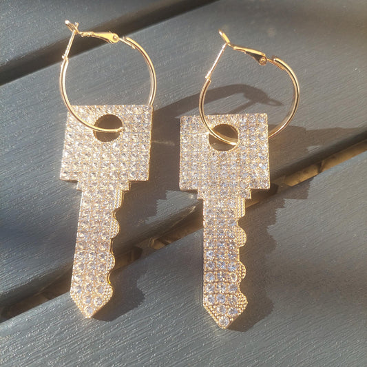 Glamorous Gold Key Earrings with Rhinestones – Statement Dangle Jewelry – Personalized Gift for Her