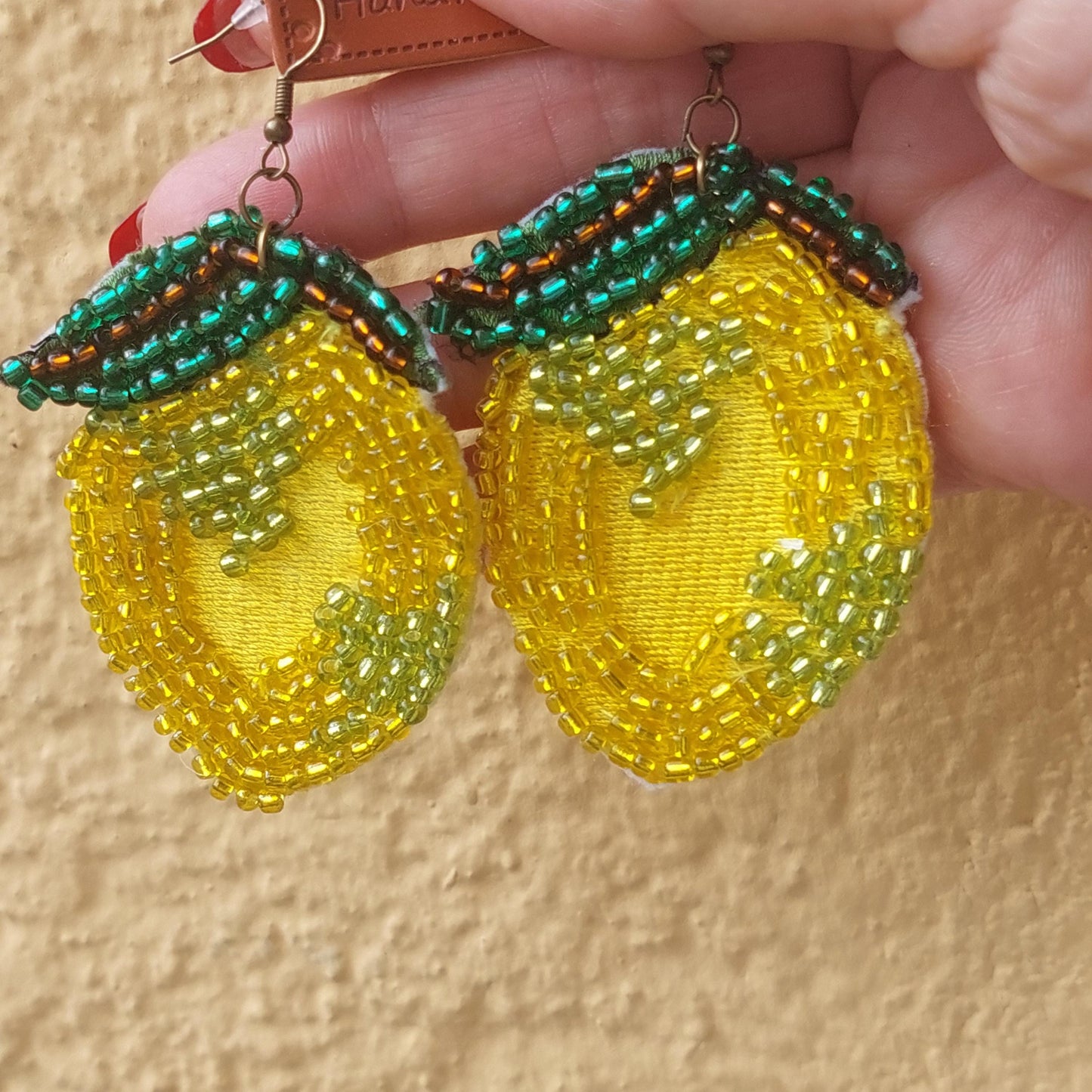 Hand-Embroidered Lemon Earrings with Beads - Unique Statement Jewelry Gift