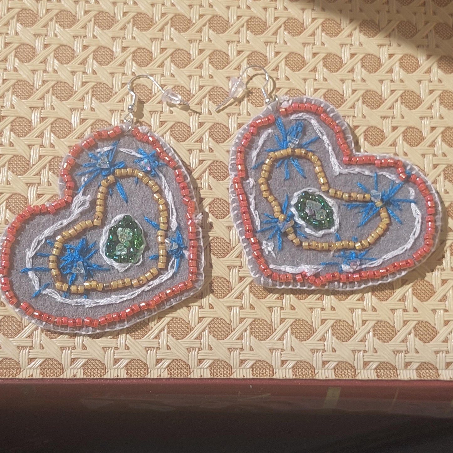 Statement Felt Heart Earrings - Handmade Beaded Boho Jewelry - Unique Gift