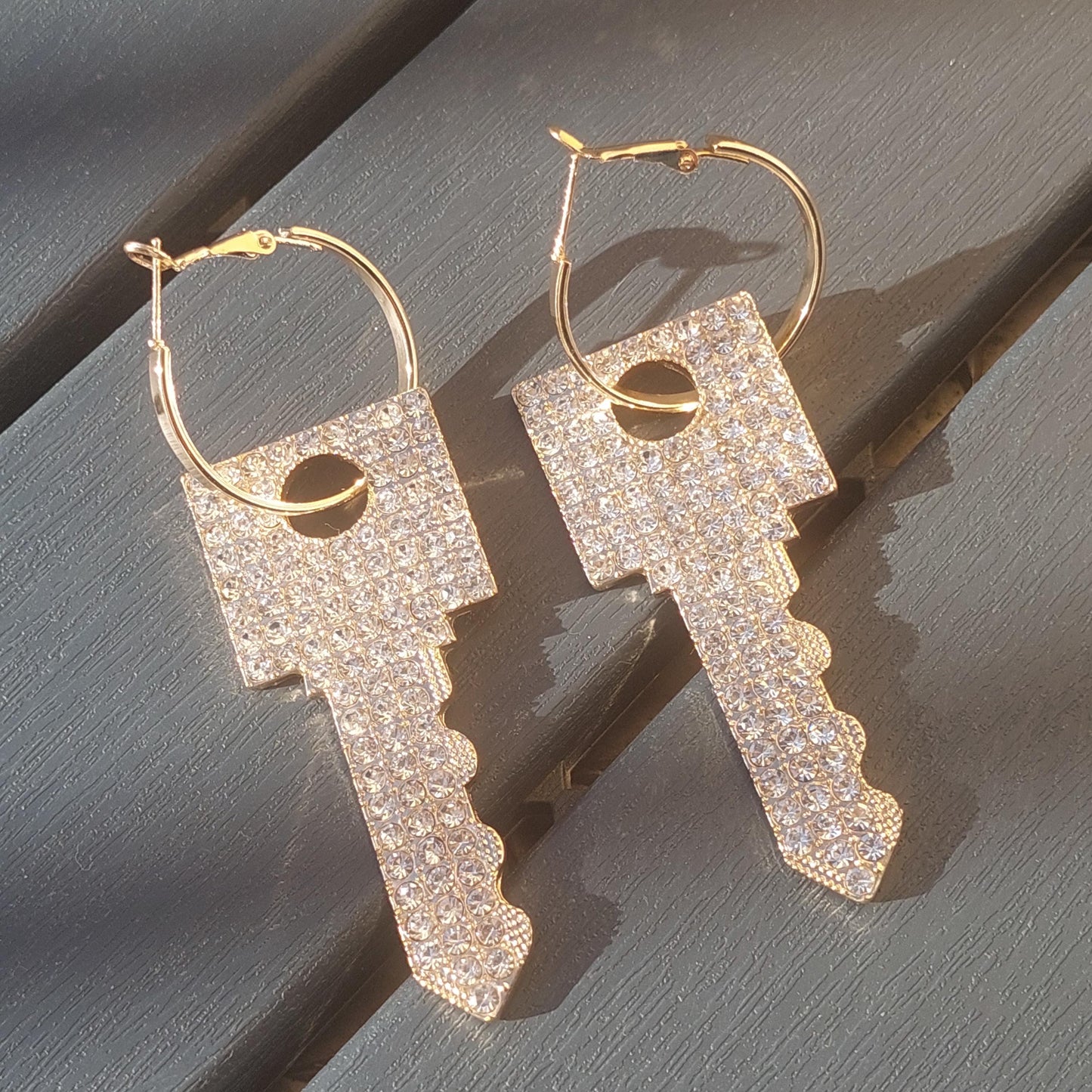Glamorous Gold Key Earrings with Rhinestones – Statement Dangle Jewelry – Personalized Gift for Her