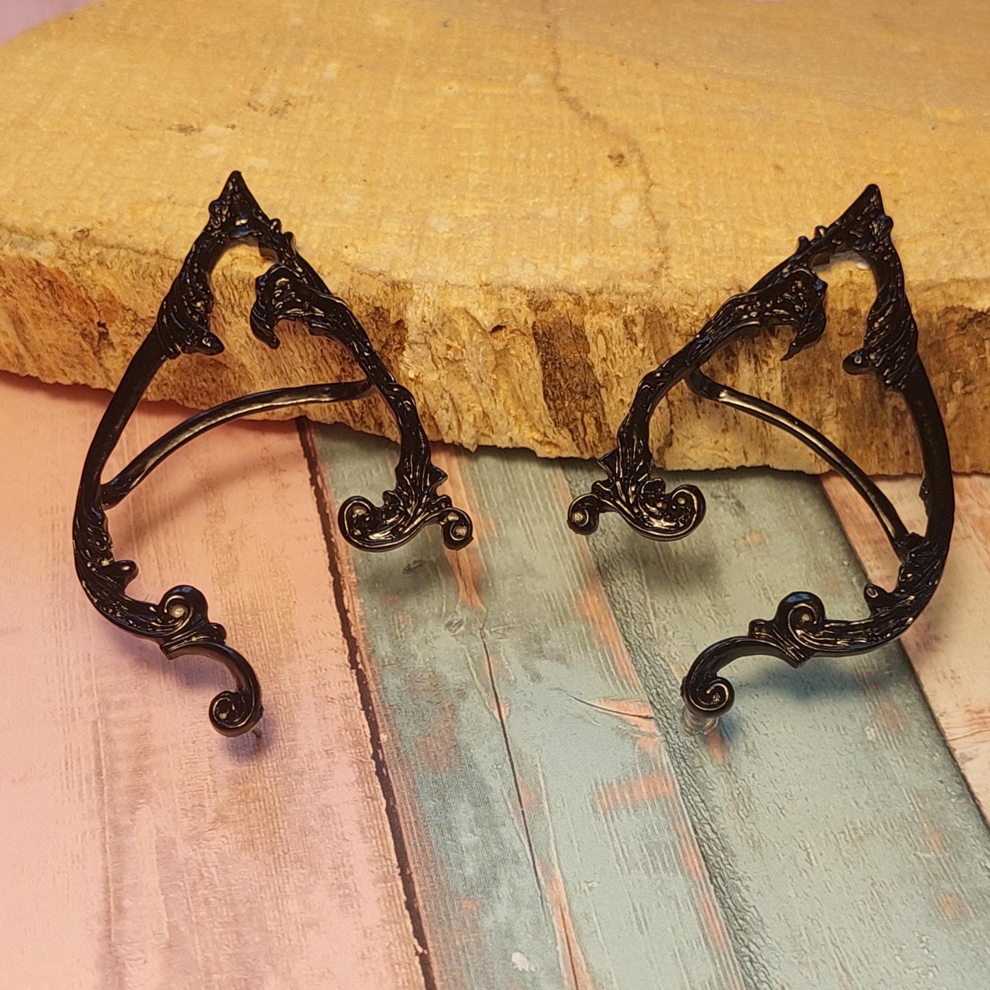 Mystical Elven Ear Cuffs – Silver & Black Fantasy Earrings for Pierced Ears | Enchanted Elf Jewelry for Cosplay, Festivals & Gifts (Set of 2)