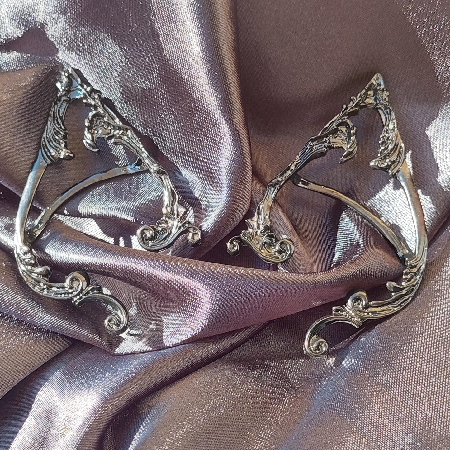 Mystical Elven Ear Cuffs – Silver & Black Fantasy Earrings for Pierced Ears | Enchanted Elf Jewelry for Cosplay, Festivals & Gifts (Set of 2)