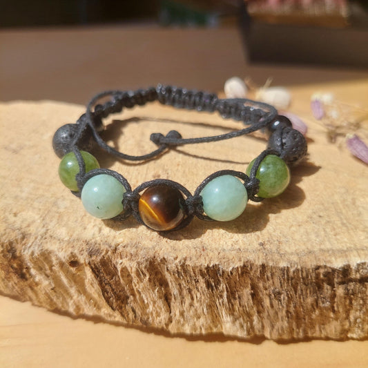 Handgefertigtes Makramee-Armband mit Edelsteinen: Unisex, verstellbar, Tigerauge, Peridot, Chrysopras, Lava, Obsidian