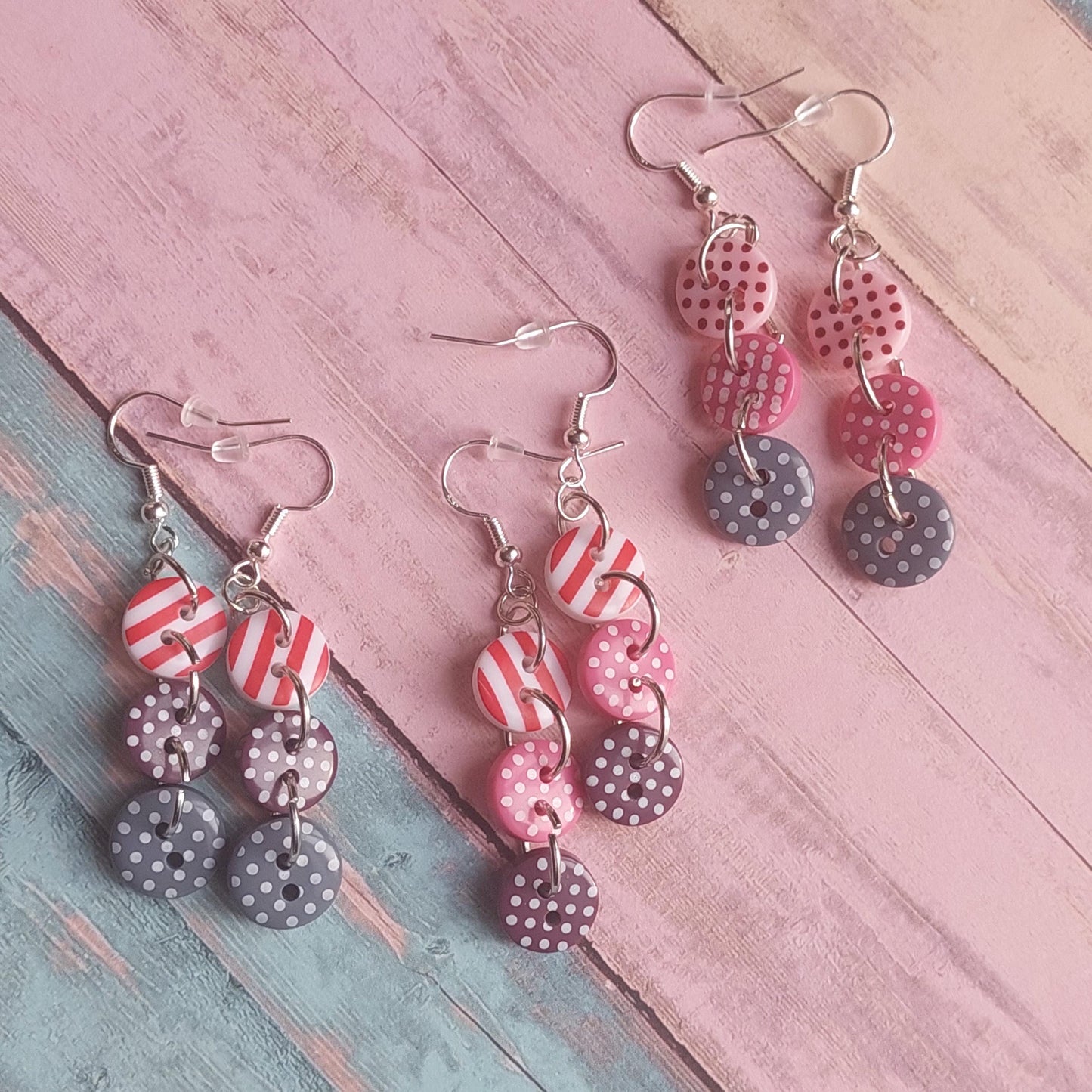 Colorful Button Dangle Earrings - Handmade 925 Sterling Silver - Unique Gift for Women