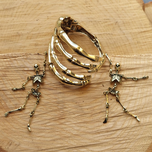 Gothic Skull Earrings & Claw Bracelet Set - Vintage Punk Jewelry Silver Gold