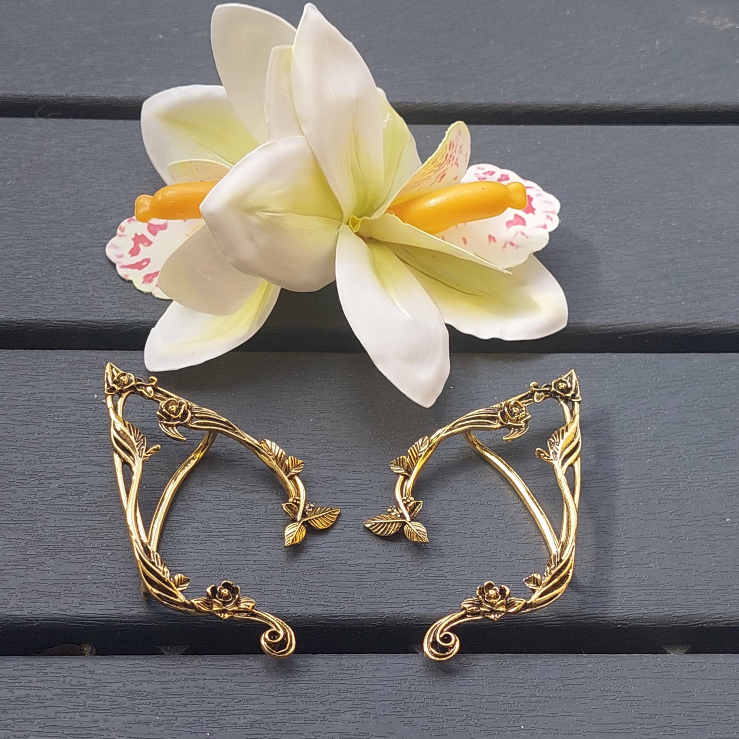 Vibrant Orchid Hair Clip + Golden Elven Ear Cuffs - Bohemian Fantasy Set
