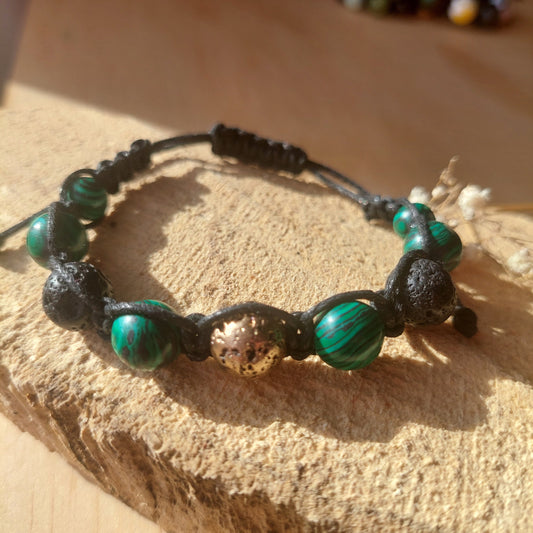 Bohemian Macrame Bracelet with Malachite & Lava Stone – Adjustable Handmade Gemstone Jewelry Gift for Him & Her