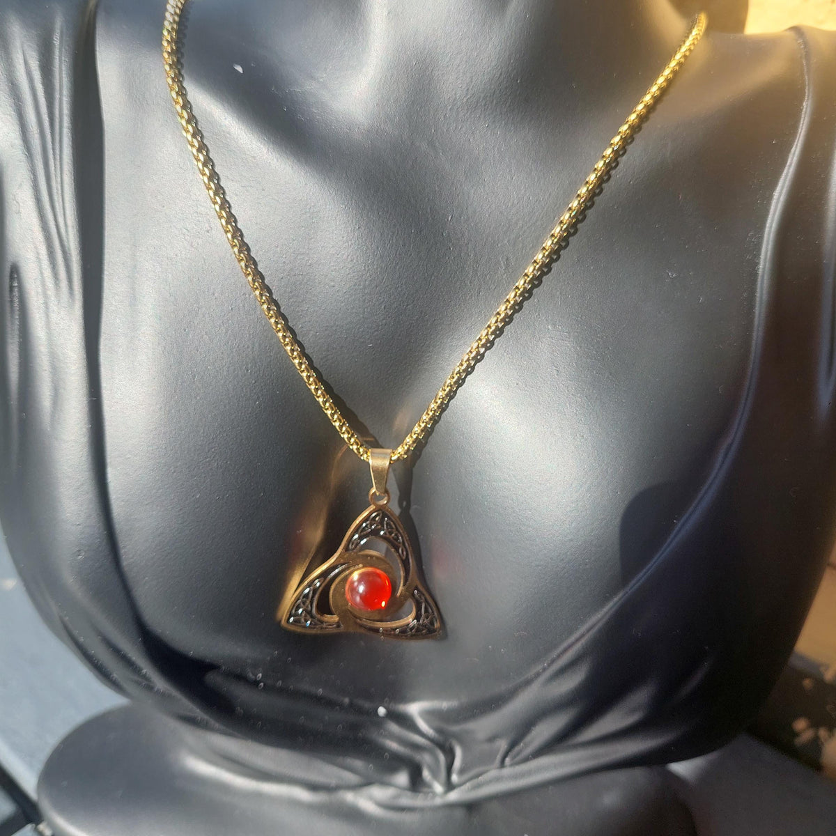 Celtic Triquetra Wicca Pendant Necklace, Dark Red Cabochon