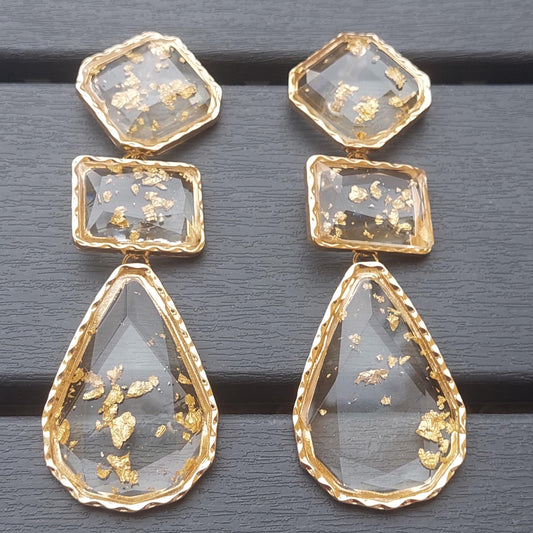 Glamorous Crystal Statement Earrings - Elegant Gold Resin Chandelier Jewelry, Vintage Boho Style, 10.5 cm Length, Gift Box Included