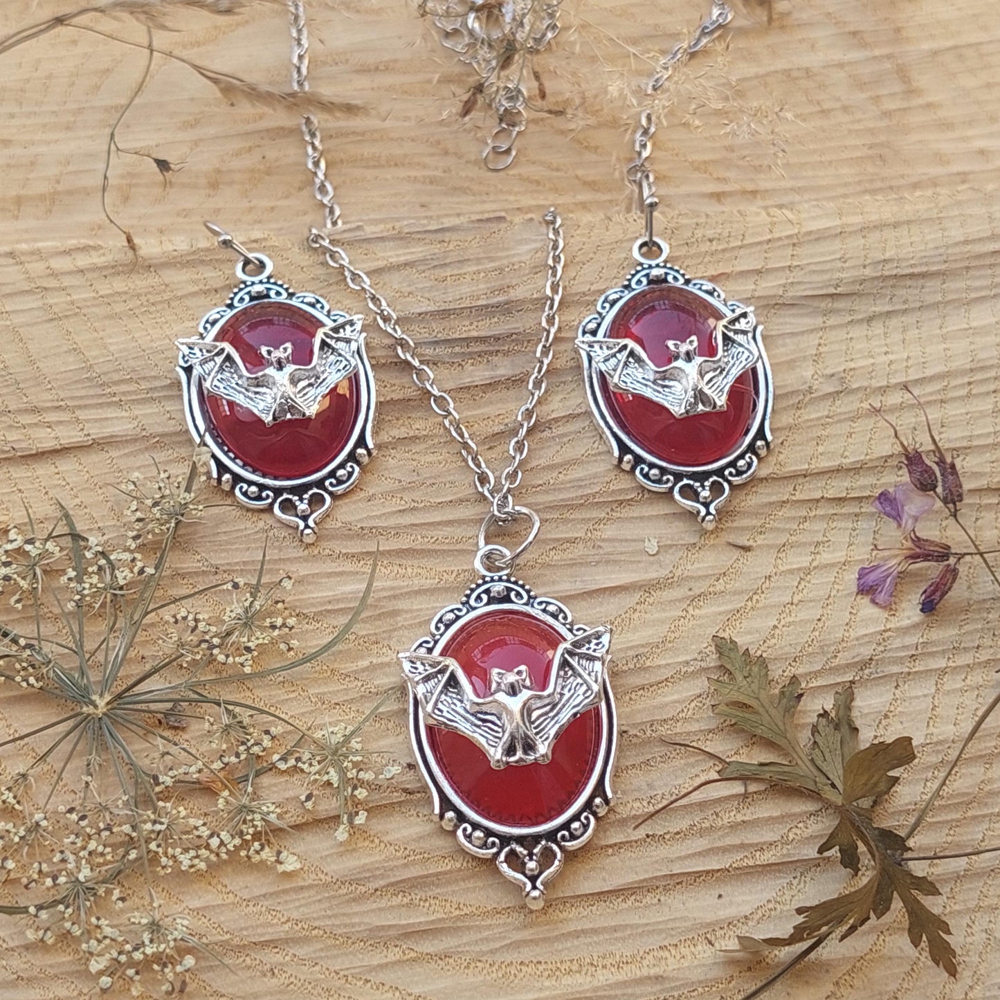 Gothic Necklace & Earrings Set – Red or Black Crystal Jewelry, Gift for Her