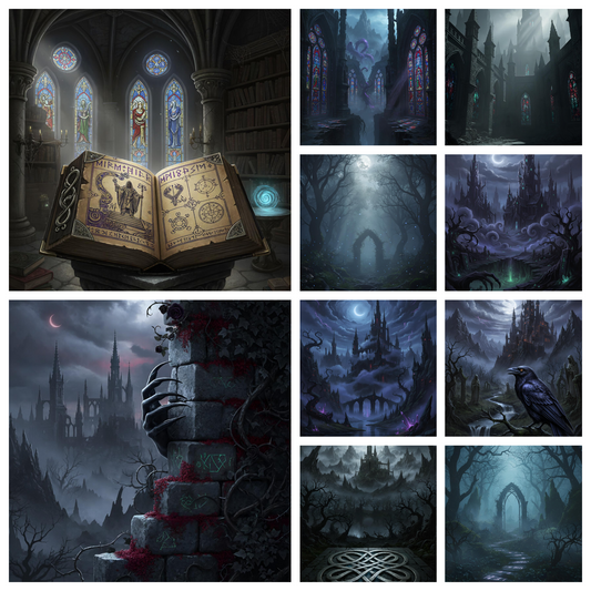 28 Gothic Dark Fantasy Backgrounds — Crosses, Vampires, Celtic Knots, Ravens, Magic Books, Full Moon Night | PNG | 3000×4000