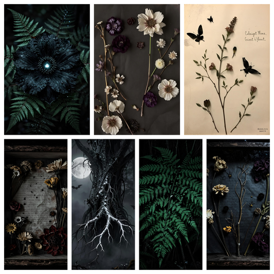 Dark Fantasy Botanical Backgrounds Set – Gothic Herbs, Witchcore & Elven Aesthetic (17 JPG + PNG)