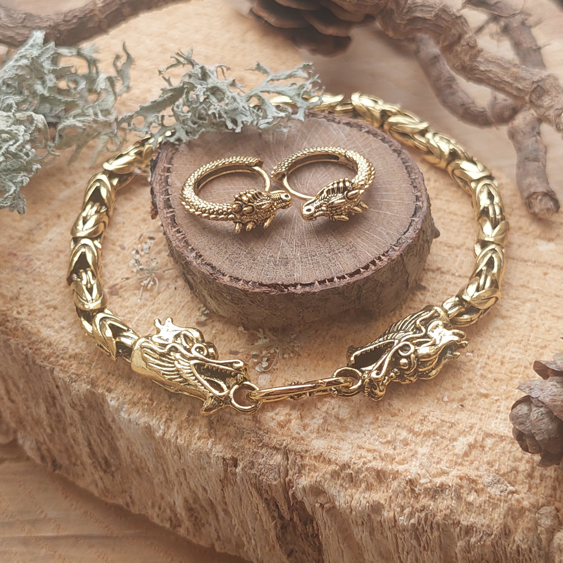 Dragon Jewelry Set, Gold, Silver Viking Bracelet, Earrings, Mythical Gift for Her, for Him