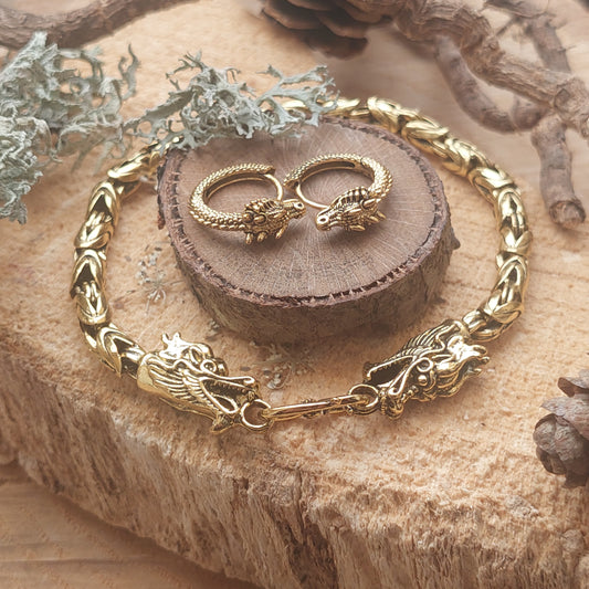 Dragon Jewelry Set, Gold, Silver Viking Bracelet, Earrings, Mythical Gift for Her, for Him
