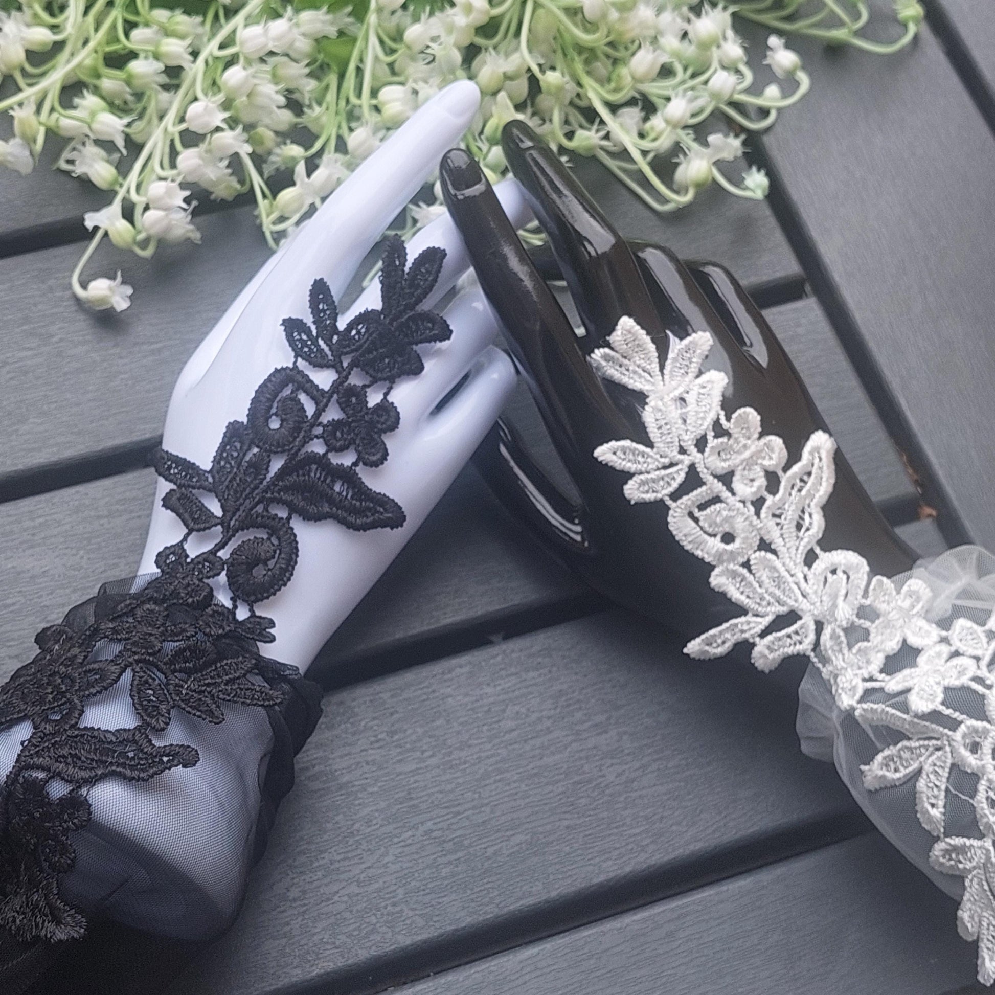 Elegant Gloves Black, White Lace Fingerless Evening Gloves, Romantic Accessory for Women, Gift