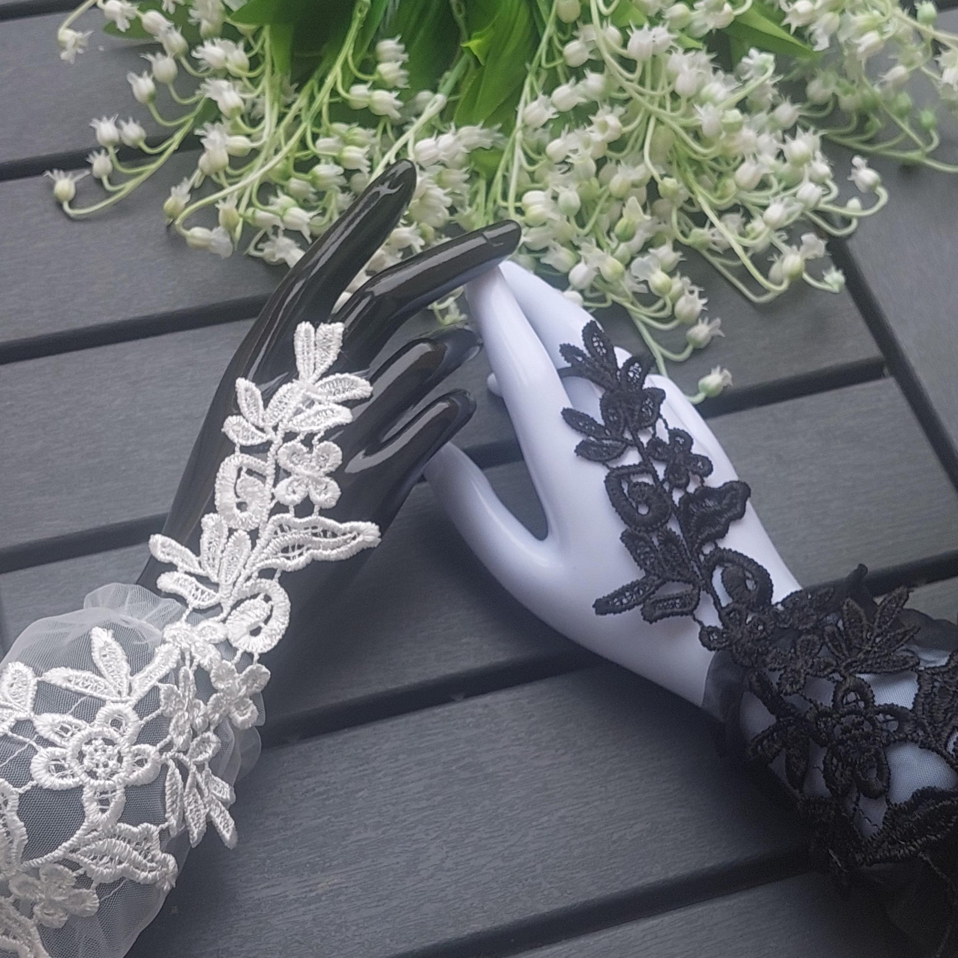 Elegant Gloves Black, White Lace Fingerless Evening Gloves, Romantic Accessory for Women, Gift