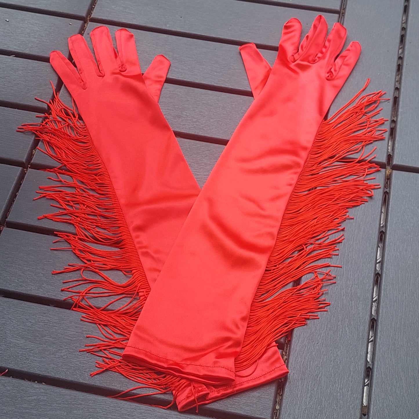 Rot Long gloves with fringe - wedding evening gloves, cosplay gloves in a gift box