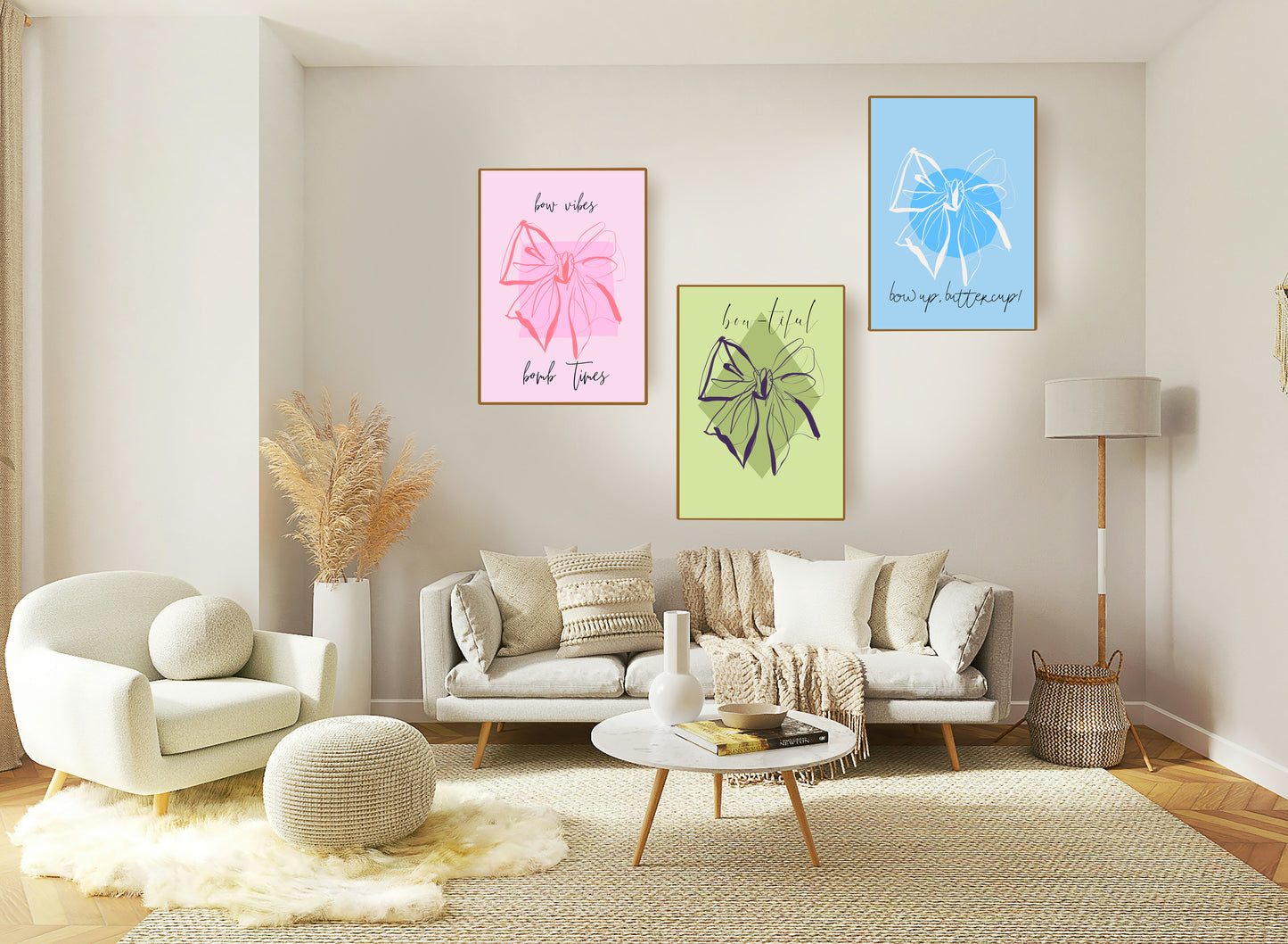 Elegantes Wandbild-Set mit Schleife in Pastellfarben – 3-teilige Digitaldrucke für romantische Wohndekoration, Studentenwohnheime und als Geschenk | Sofort-Download