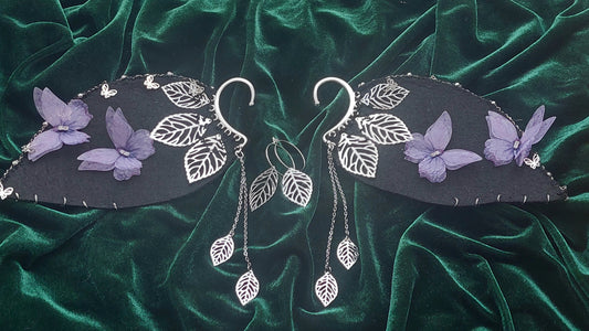 Elf Fairy Ear Cuffs, Fantasy Jewelry with Butterflies, Silver Leaves, Gift for Her