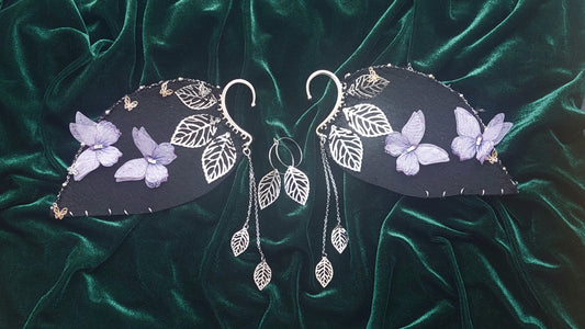 Elf Fairy Ear Cuffs, Fantasy Jewelry with Butterflies, Silver Leaves, Gift for Her