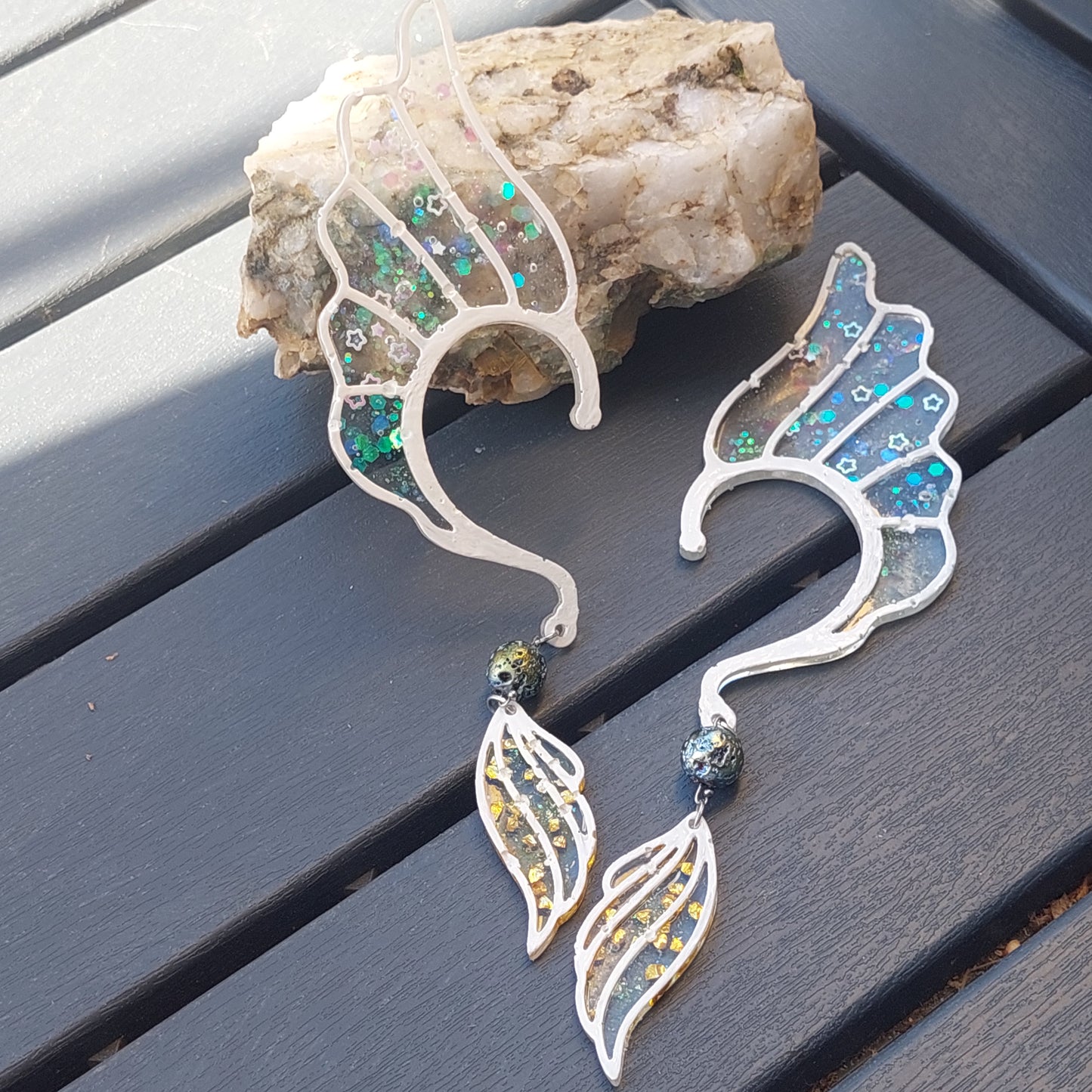 Elf Fairy Ear Cuffs, Handmade Fantasy Jewelry with Silver Leaves, Butterflies, Gift for Her