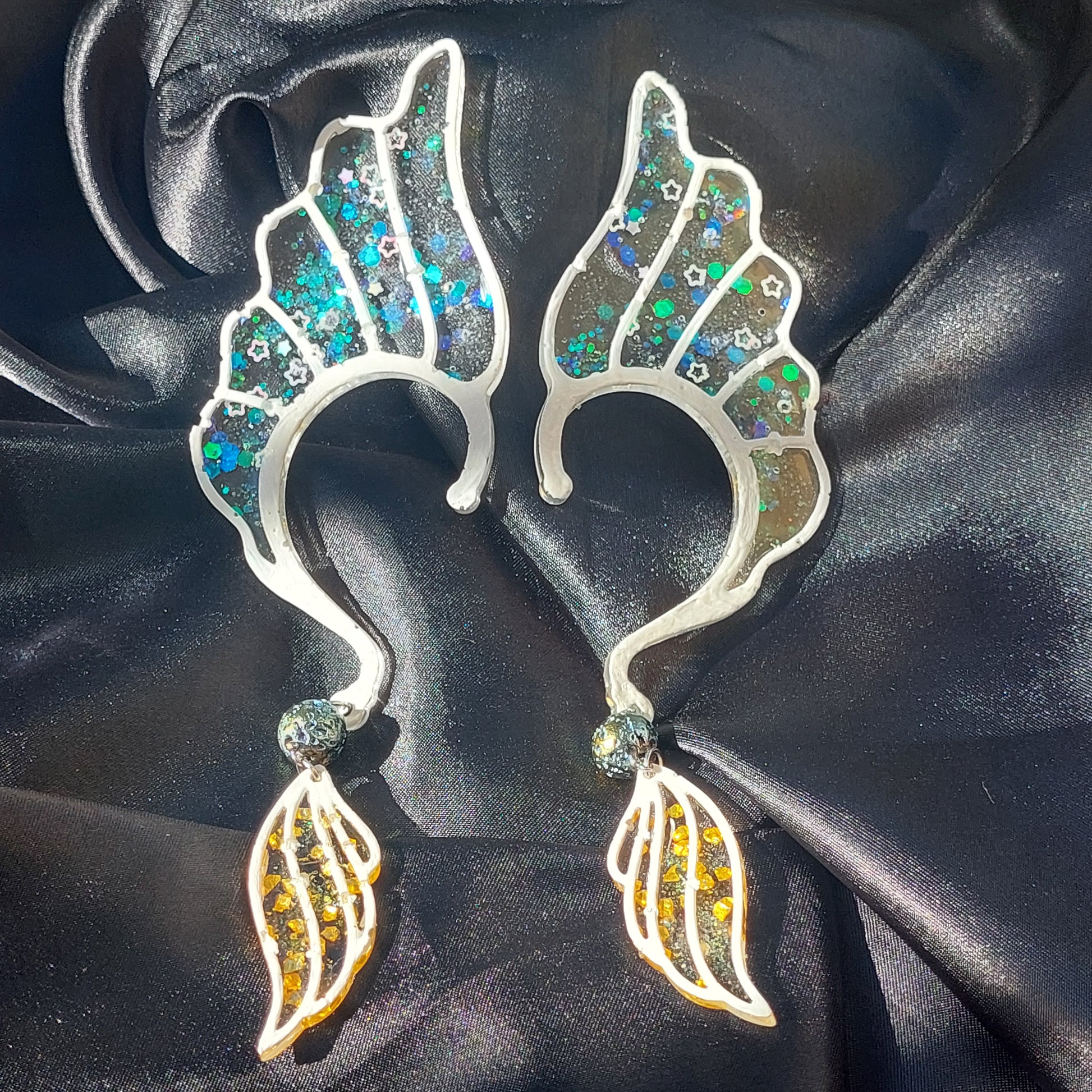 Handmade elf fairy ear cuffs with silver leaves &amp; violet butterflies. Lightweight, no piercing, perfect for fantasy lovers &amp; magical cosplay looks