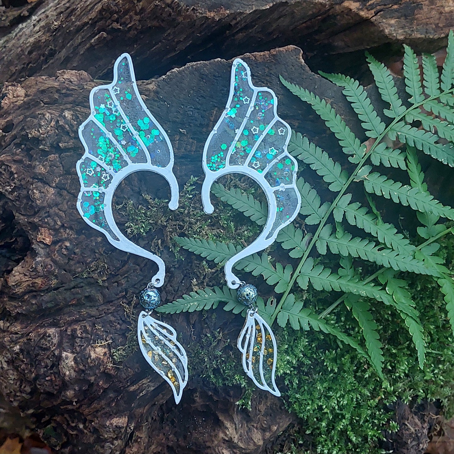 Elf Fairy Ear Cuffs, Handmade Fantasy Jewelry with Silver Leaves, Butterflies, Gift for Her