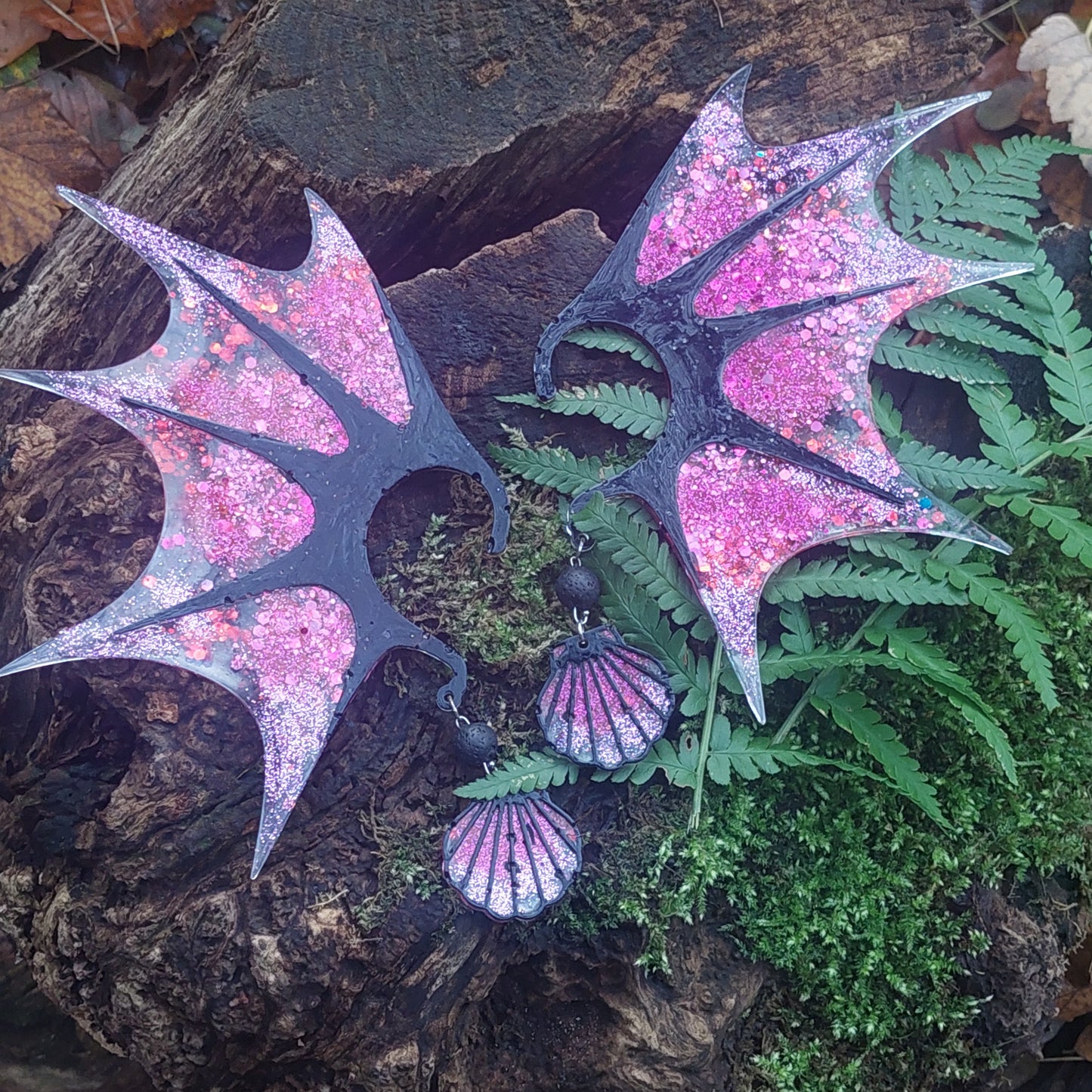 Elf fairy ears, fantasy wings cuff earrings in stained glass style, limited edition, gift for her