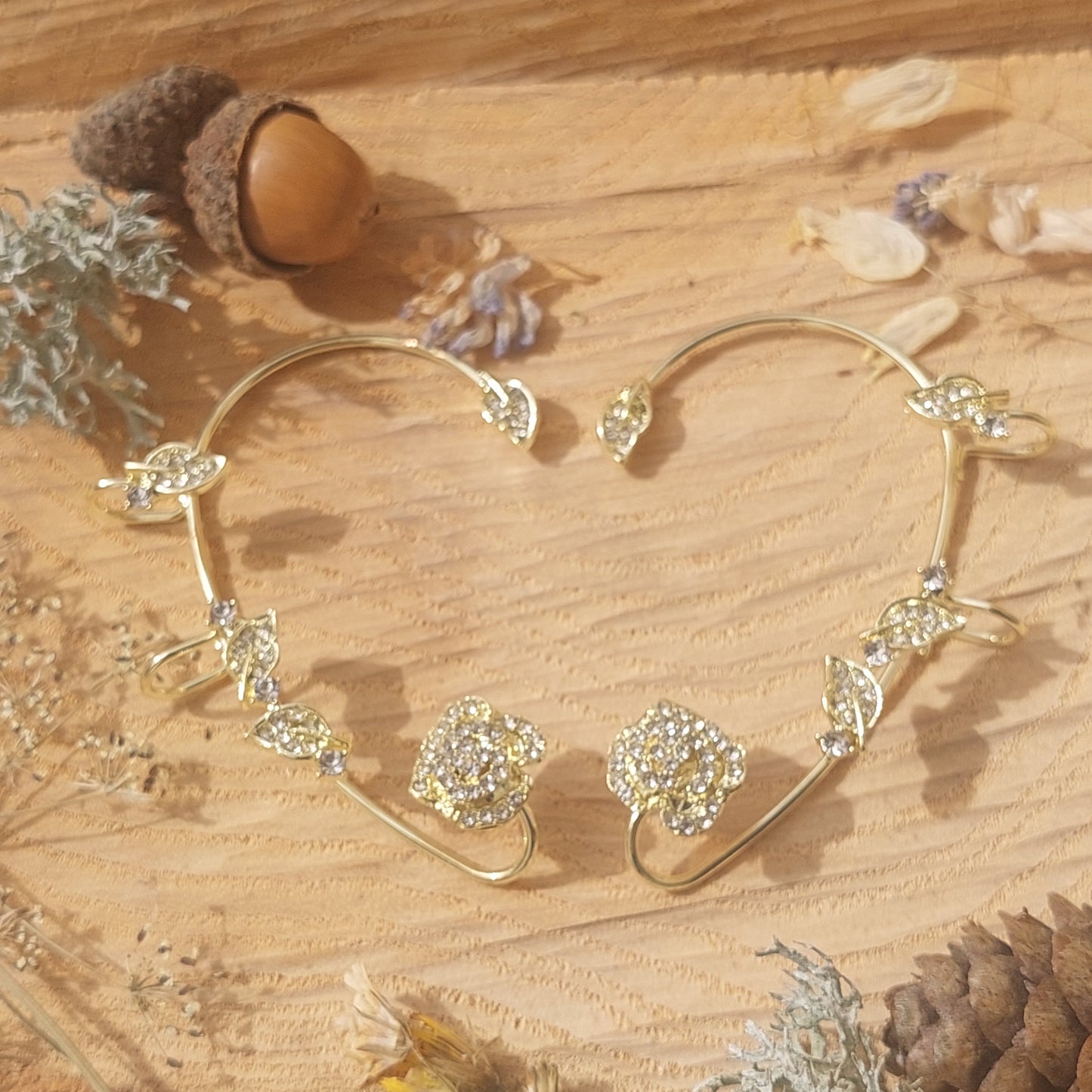 Elf Ear Cuffs with Crystal Flowers, No Piercing Fairy Earrings in Gold, Silver, Gift for Her