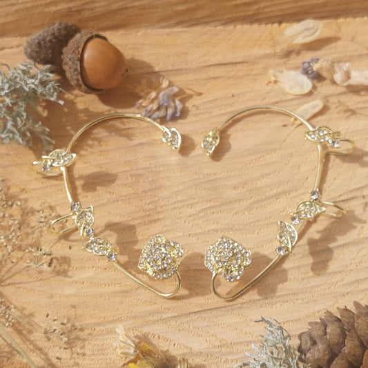 Elf Ear Cuffs with Crystal Flowers, No Piercing Fairy Earrings in Gold, Silver, Gift for Her