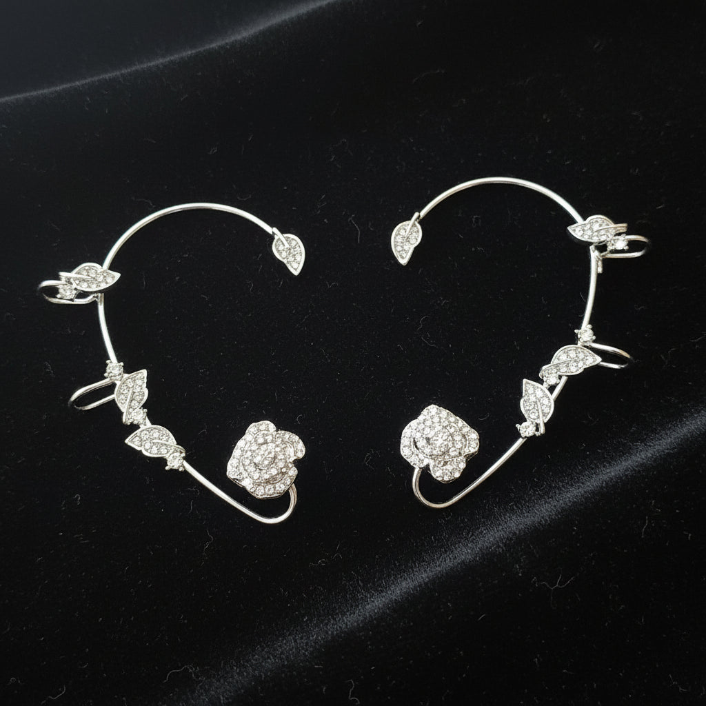 Elven Ear Cuffs with Crystal Flowers, No Piercing Fairy Earrings in Gold, Silver, Gift for Her