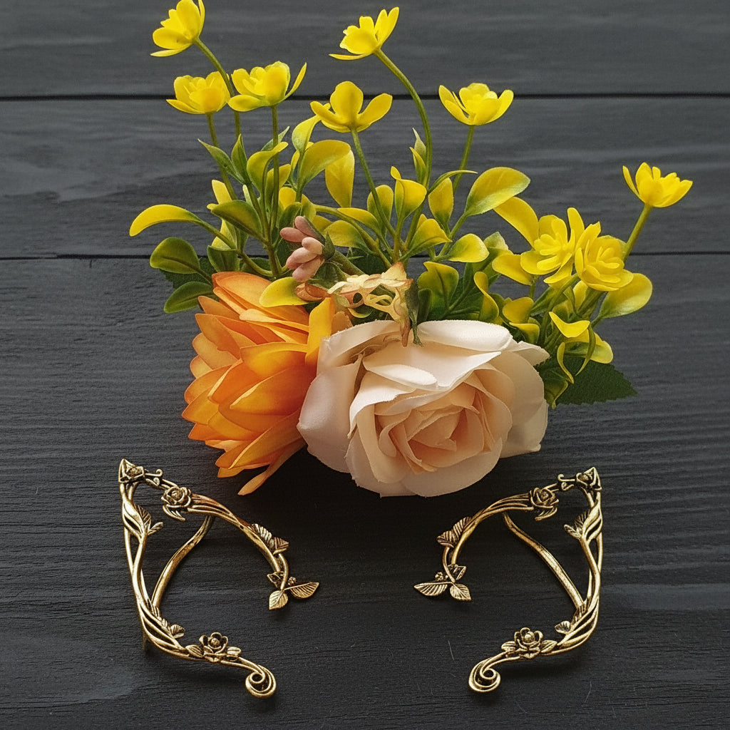 Elven Fairy Set, Floral Hair Comb, Elven Fairy Ear Cuffs, Gift for Her