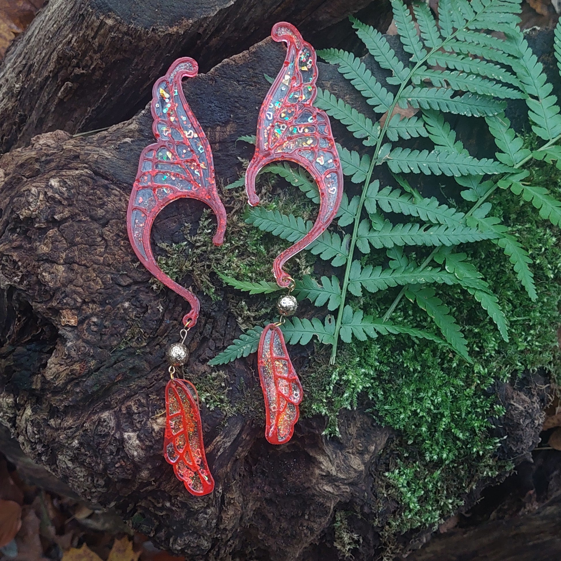 Elven fairy ears, stained glass style wing cuff earrings, limited edition, Gift for Her