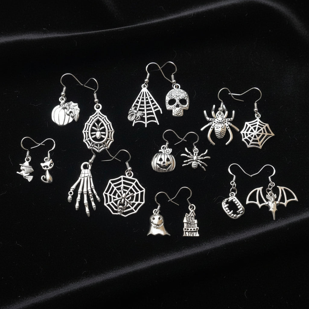 Gothic Asymmetric Earrings Spiders, Pumpkins, Skulls, Witch, Cat, Haunted Castle, Ghost, Gift Box